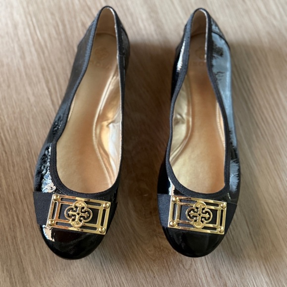 Isola Shoes - Isola Black Patent Flats with Gold Detail